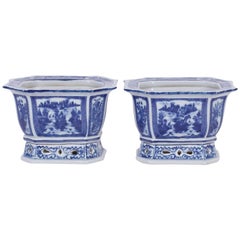 Pair of Small Chinese Export Style Blue and White Planters