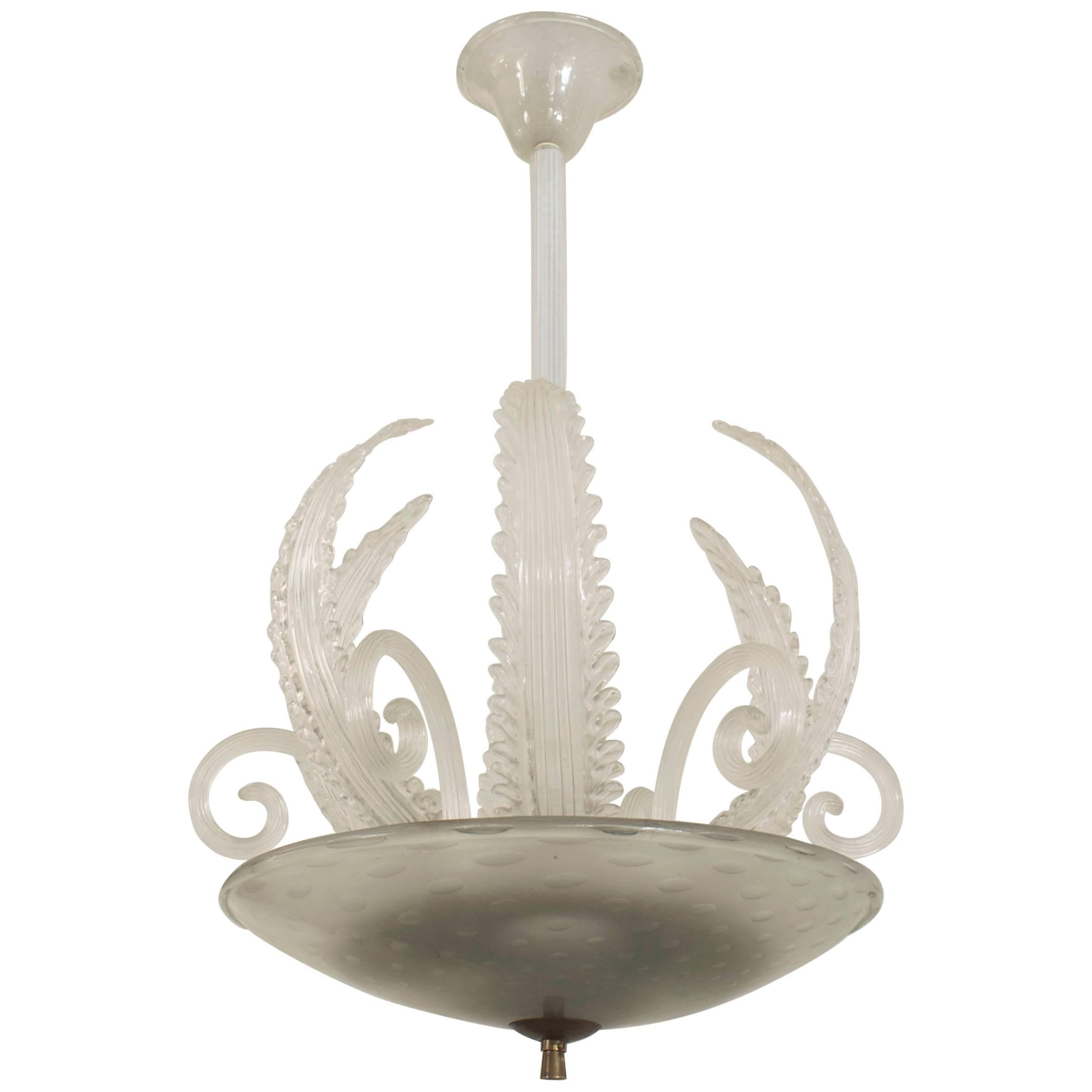Barovier et Toso Italian Murano Frosted Glass Bowl and Feather Chandelier For Sale