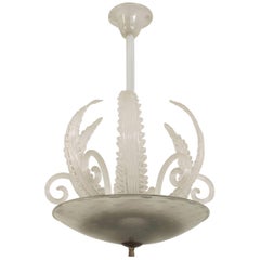 Barovier et Toso Italian Murano Frosted Glass Bowl and Feather Chandelier