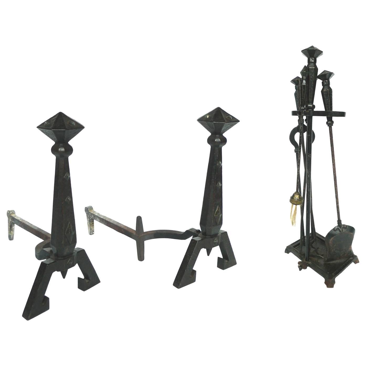Set of Antique Cast-Iron Andirons and Tools by Bradley & Hubbard