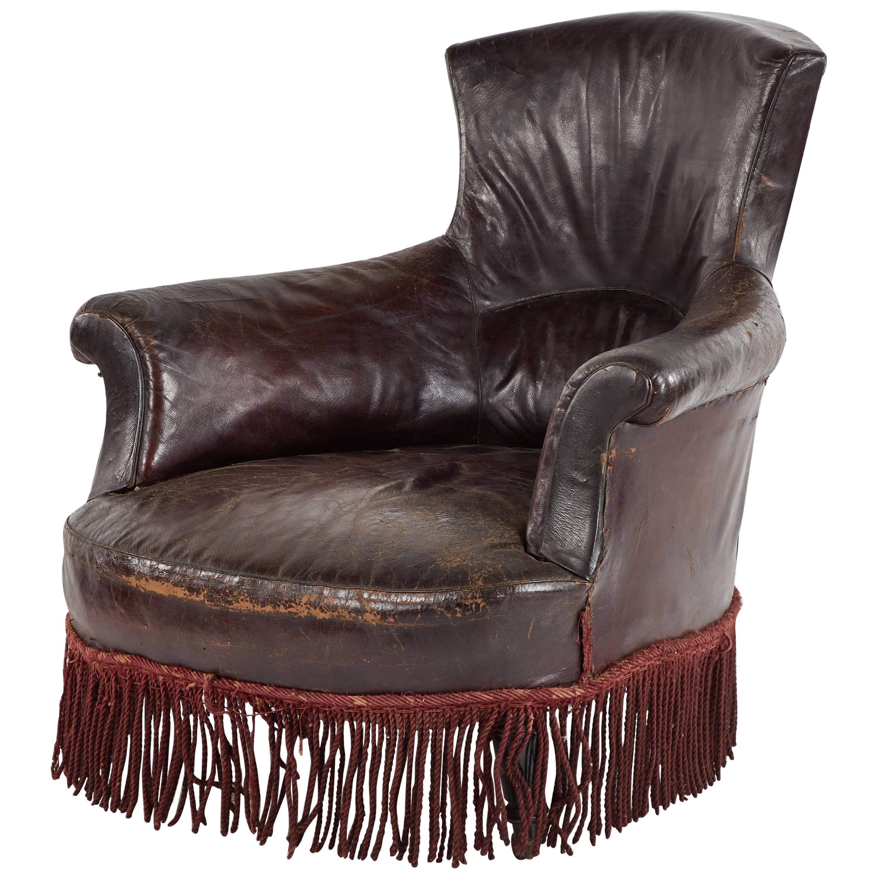 Early 20th Century French Leather Armchair with Fringe