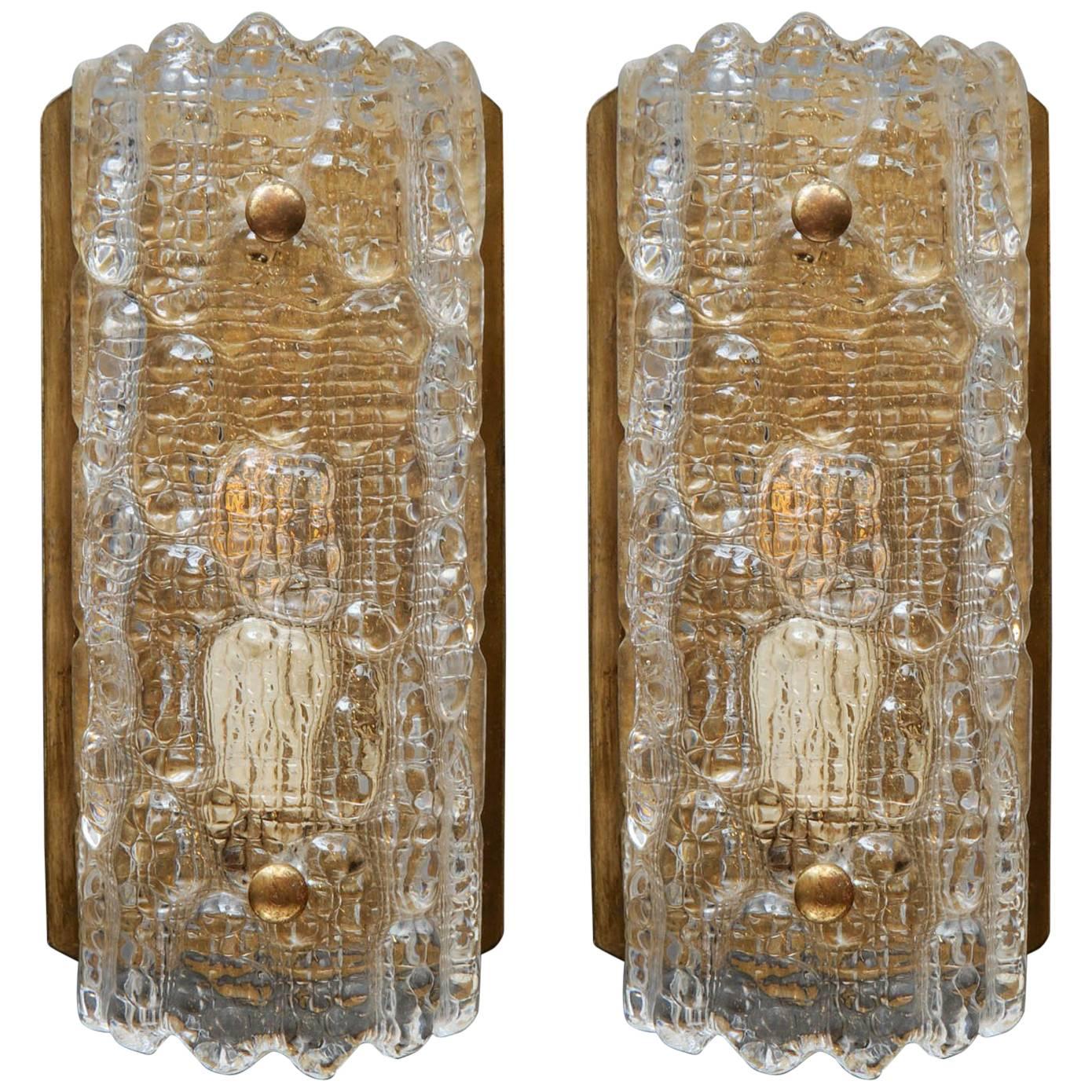 Pair of Brass and Glass Scandinavian Wall Sconces by Carl Fagerlund for Orrefors