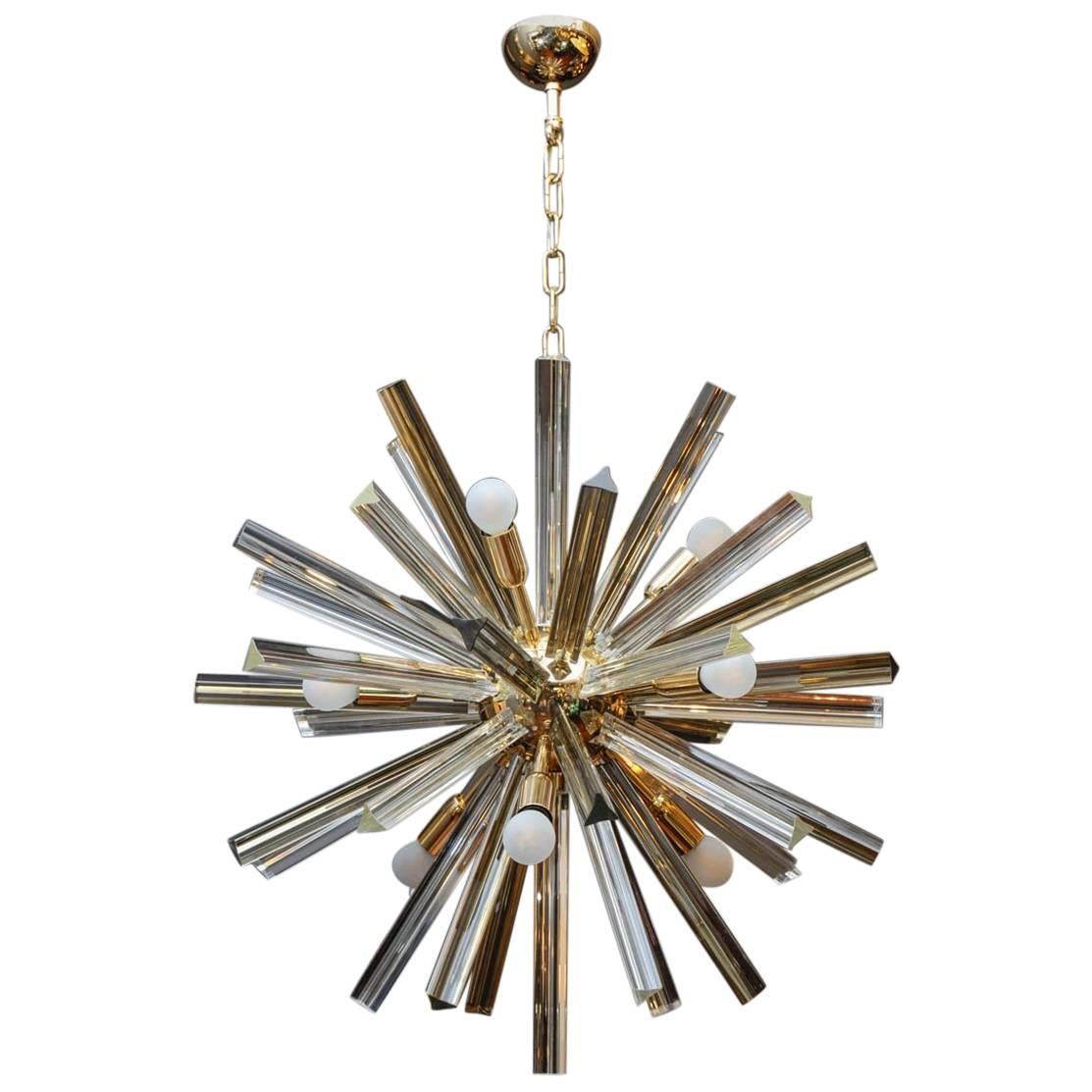 Brass Round Chandelier with Triedre Murano Glass Spikes