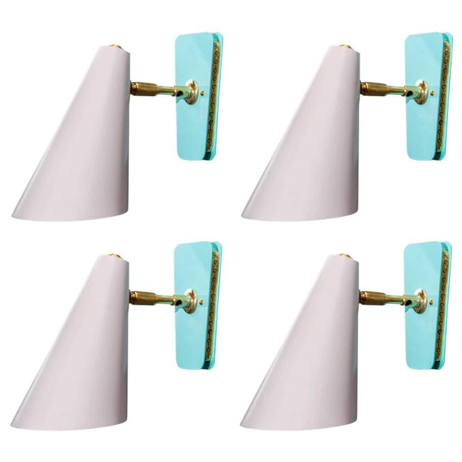 Set of Four Dust Pink and Teal Cone Wall Sconces
