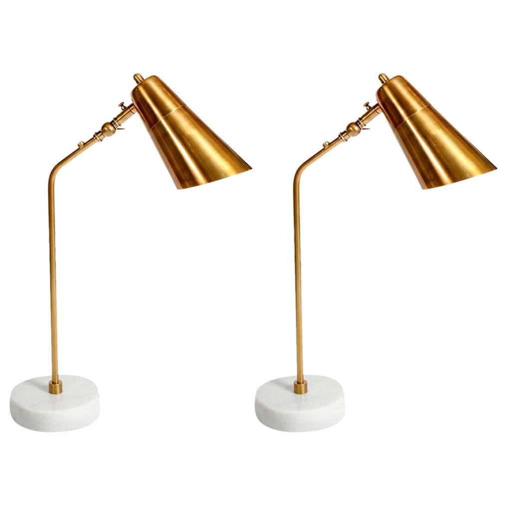 Elegant Desk Lamps with Marble Foot and Coppered Brass Body For Sale