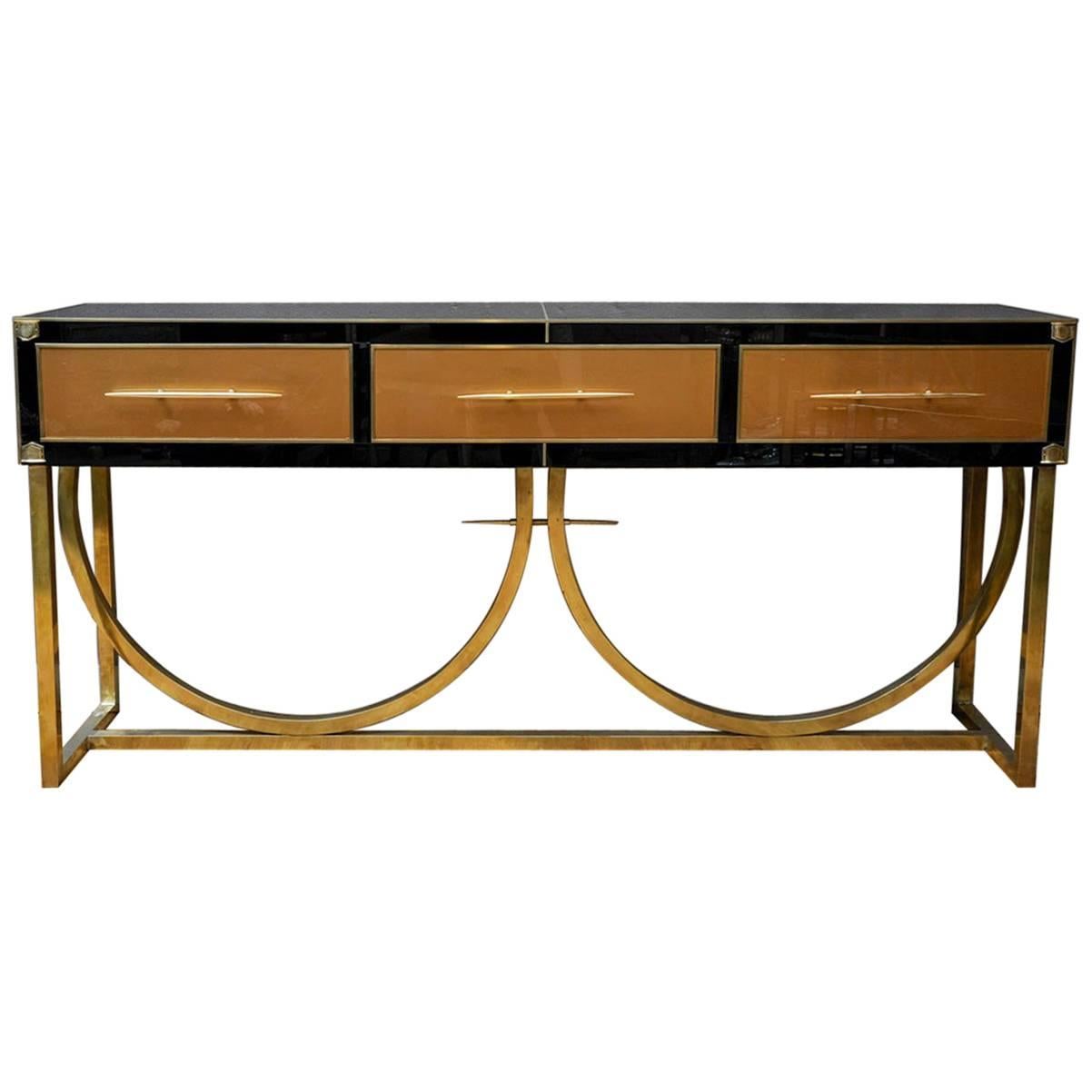 Console Table in Tinted Glass and Brass