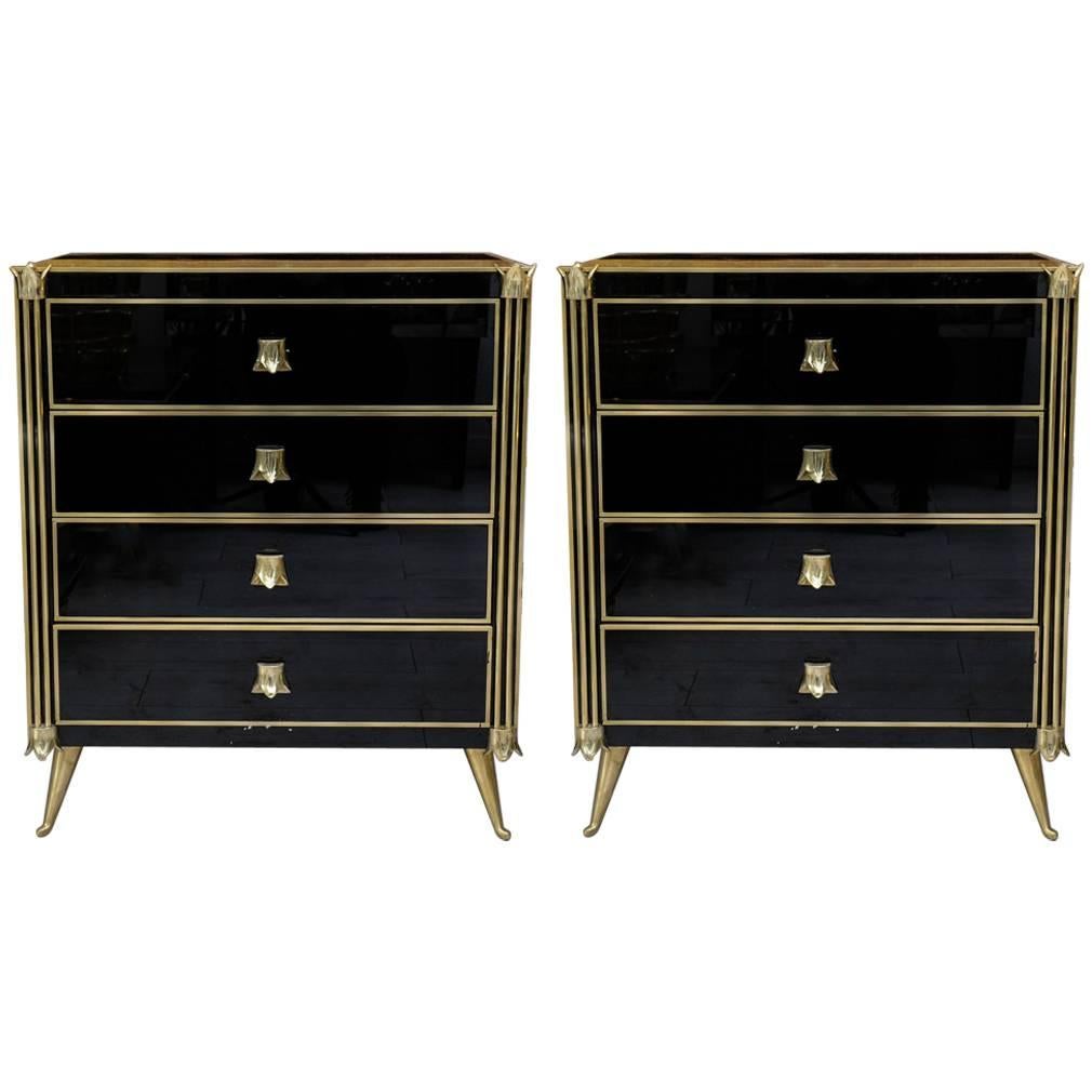 Pair of Nightstands or Commodes with Four Drawers in Tinted Black Glass