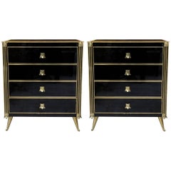 Pair of Nightstands or Commodes with Four Drawers in Tinted Black Glass