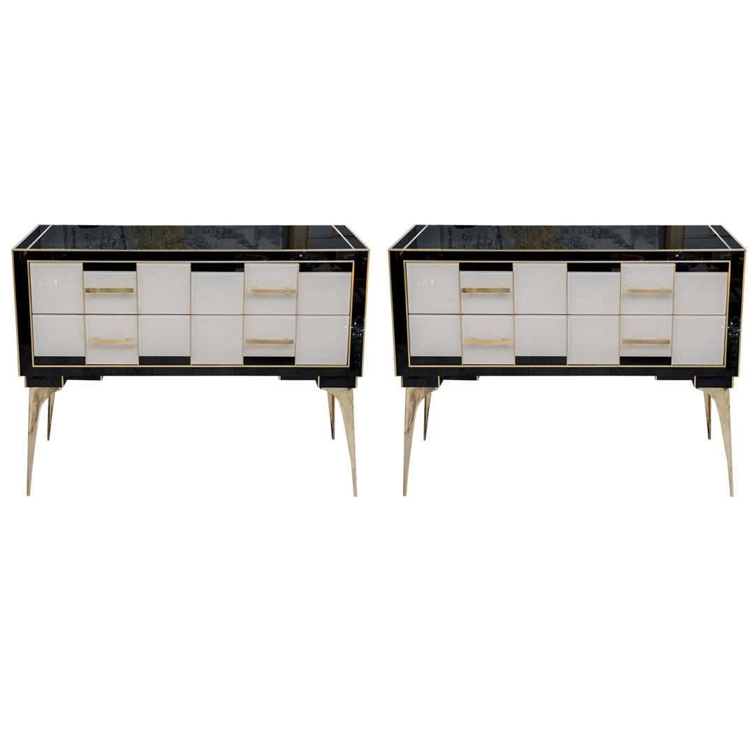 Pair of Commodes with Two Drawers in Teinted Glass and Brass