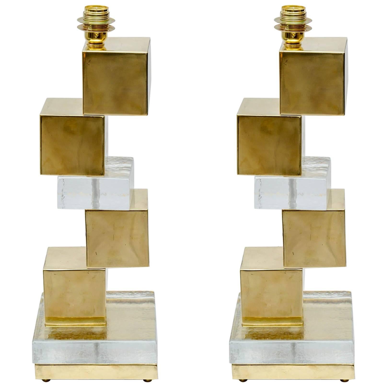 Pair of Table Lamps in Murano Glass and Brass