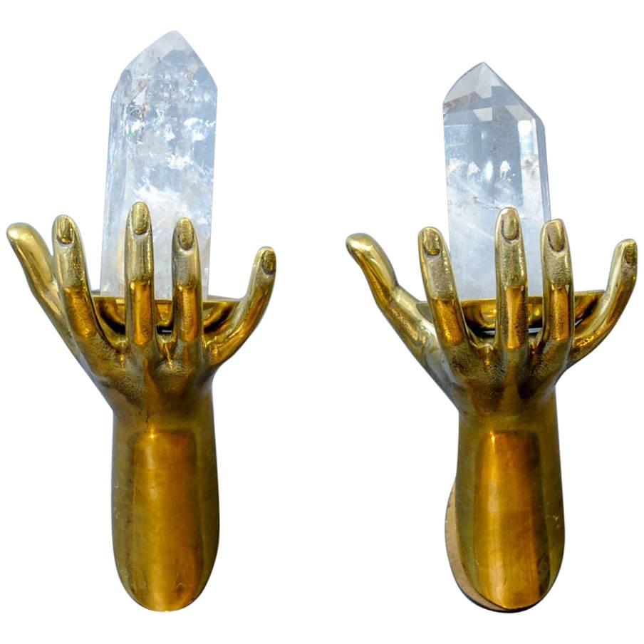 Pair of Brass and Rock Crystal Wall Sculptures