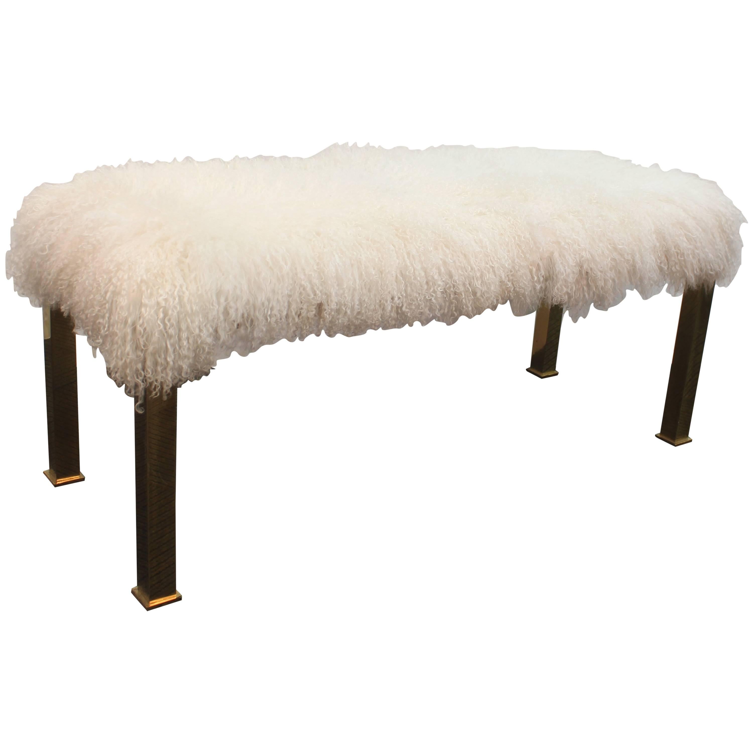 Hollywood Regency Parsons Style Bench in White Curly Lambs Wool and Brass Legs