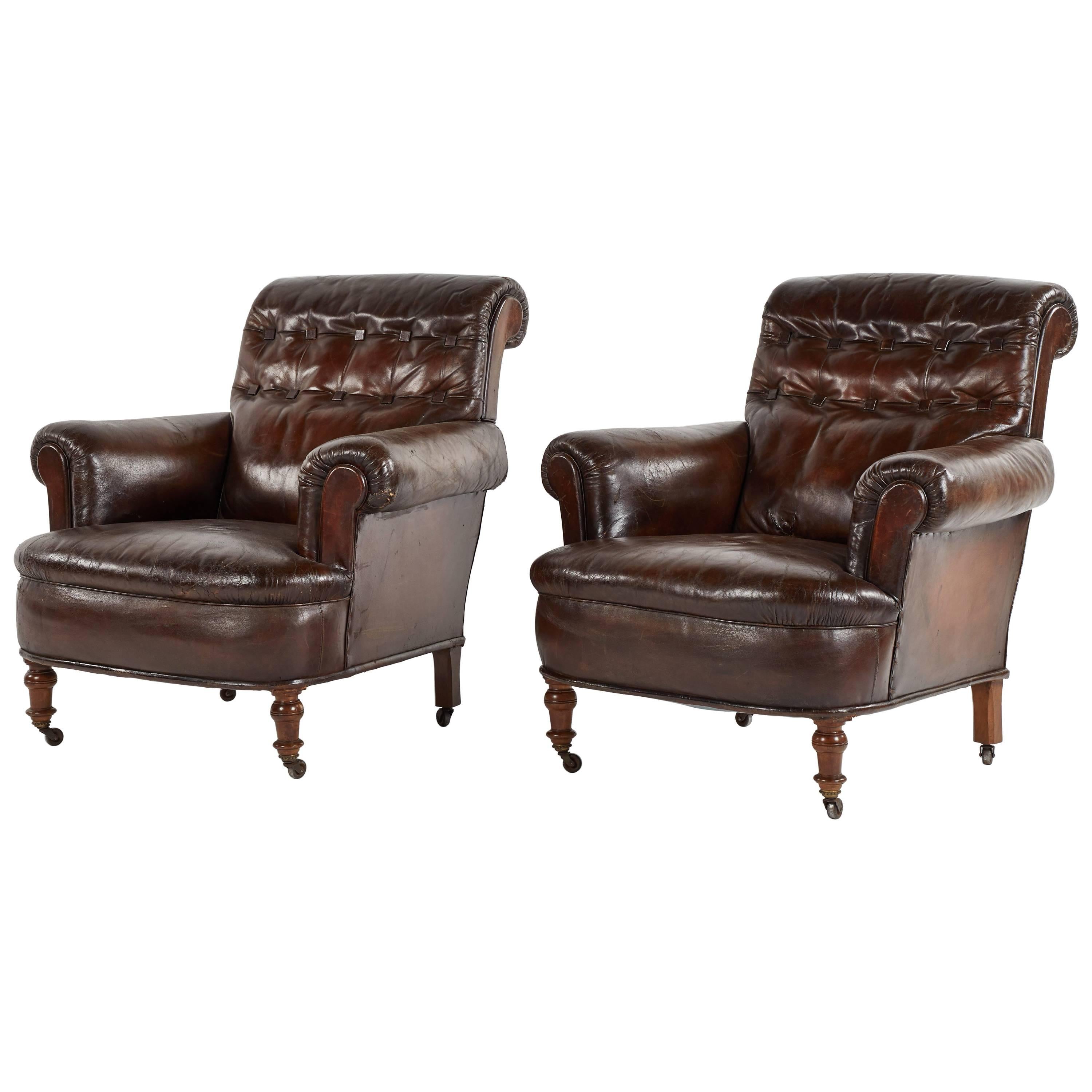1880s French Pair of Leather Tufted Chairs
