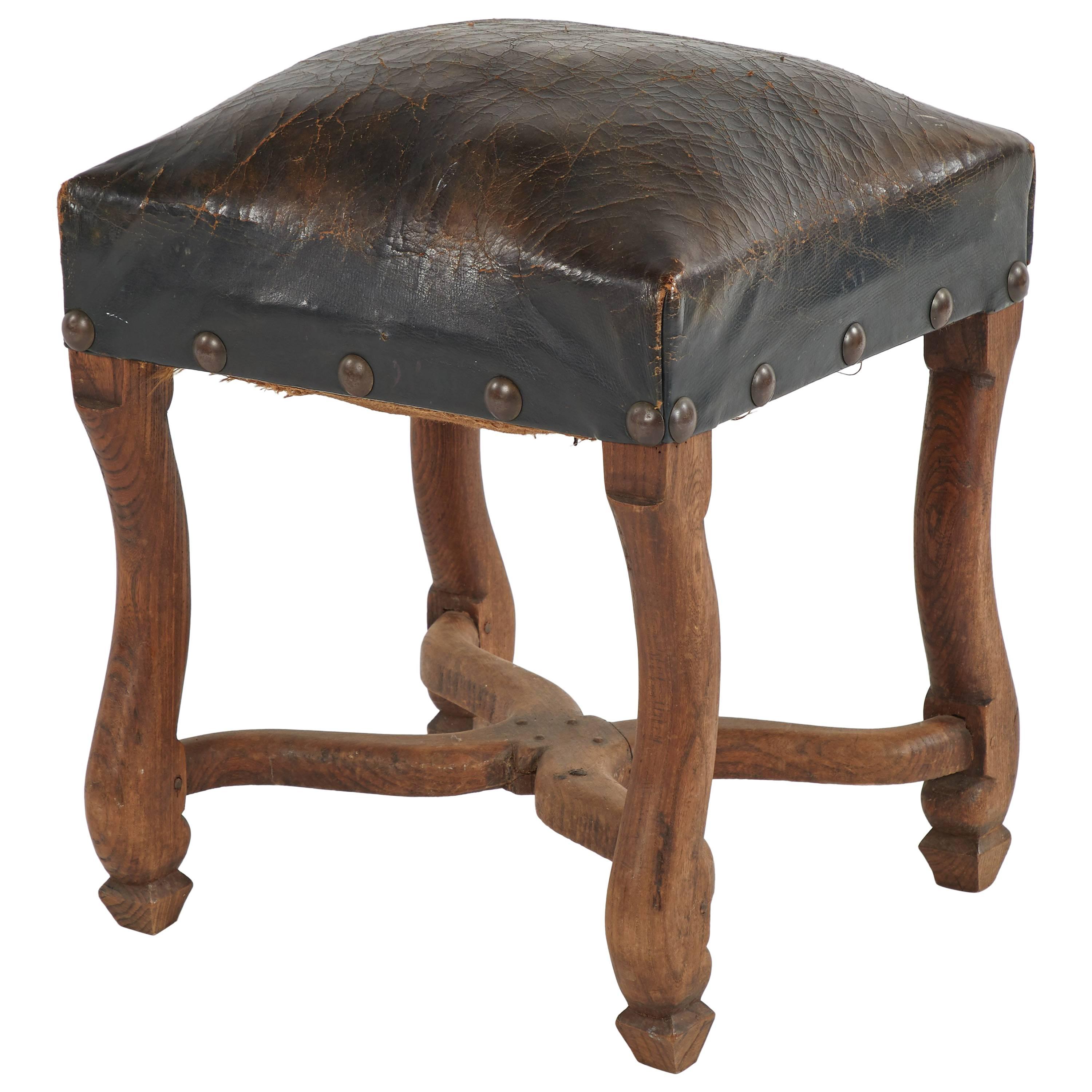 Wood Stool Upholstered in Dark Brown Leather from Late 19th Century France For Sale