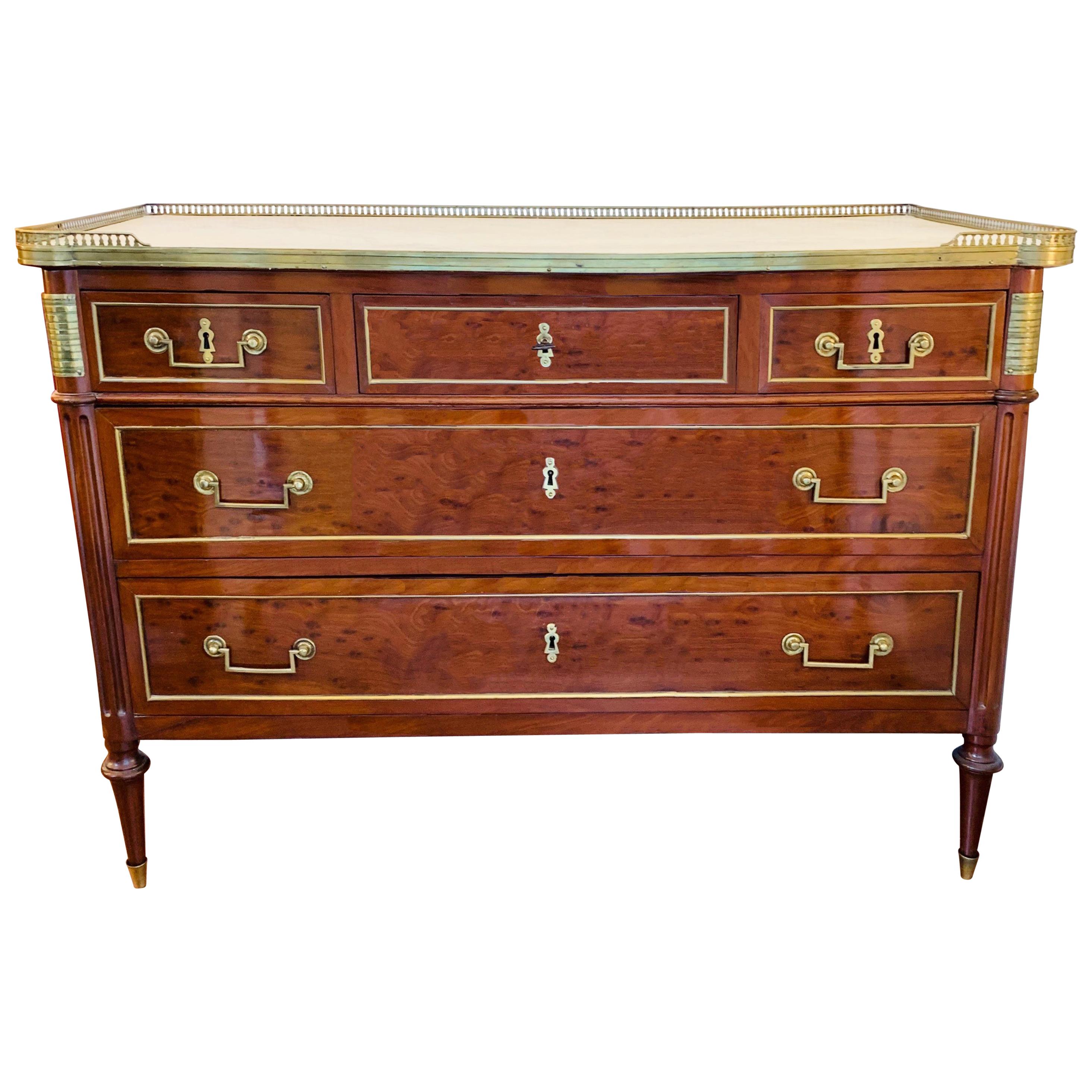 Antique French Directoire Brass Mounted Mahogany Commode with White Marble Top