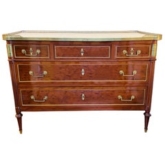 Antique French Directoire Brass Mounted Mahogany Commode with White Marble Top