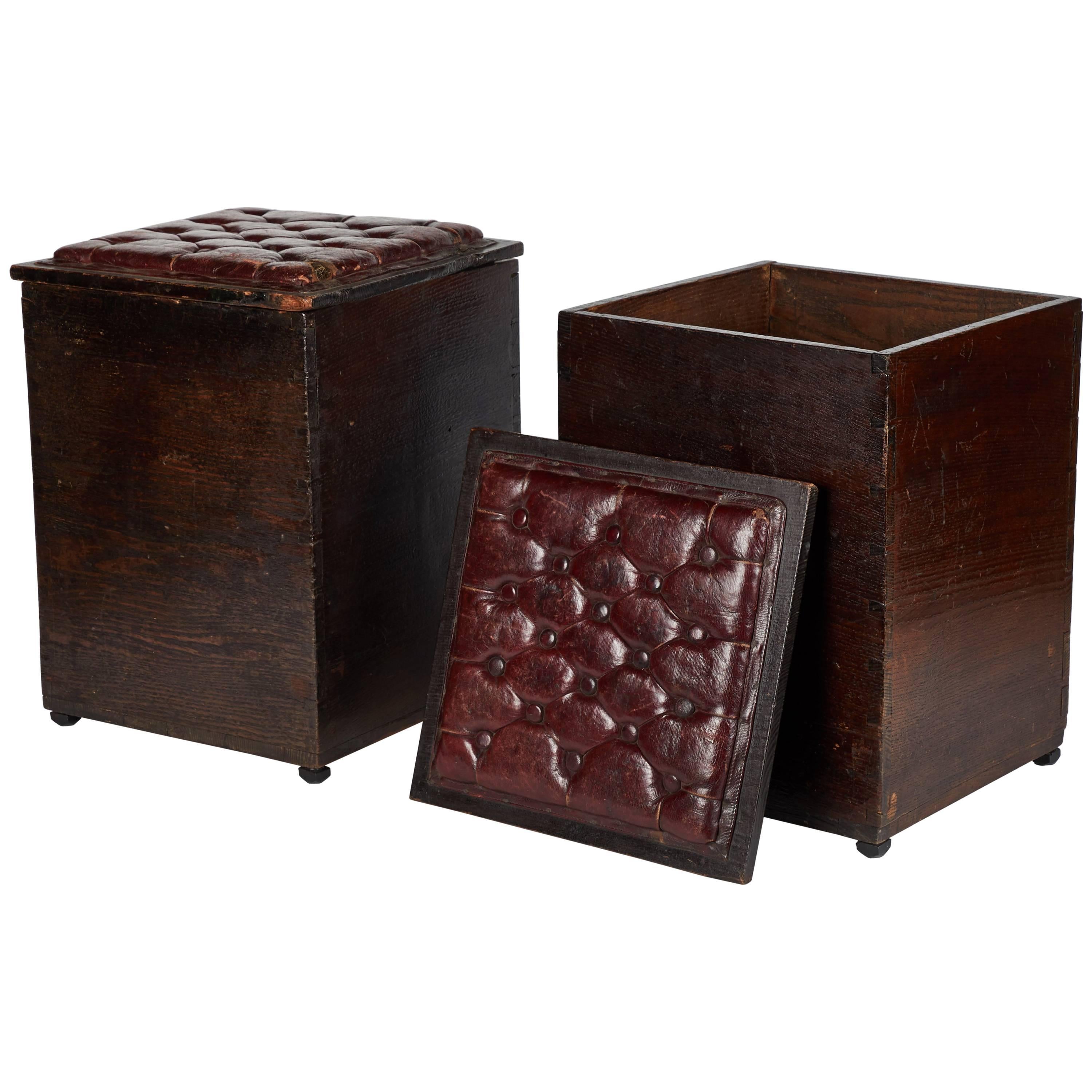 Pair of Wood and Tufted Leather Topped Stools from Late 19th Century England