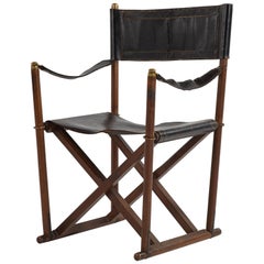 Antique Late 19th Century British Campaign Black Leather Folding Chair