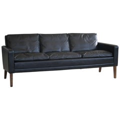 1960s Georg Thams Style Danish Black Leather Three-Seat Sofa