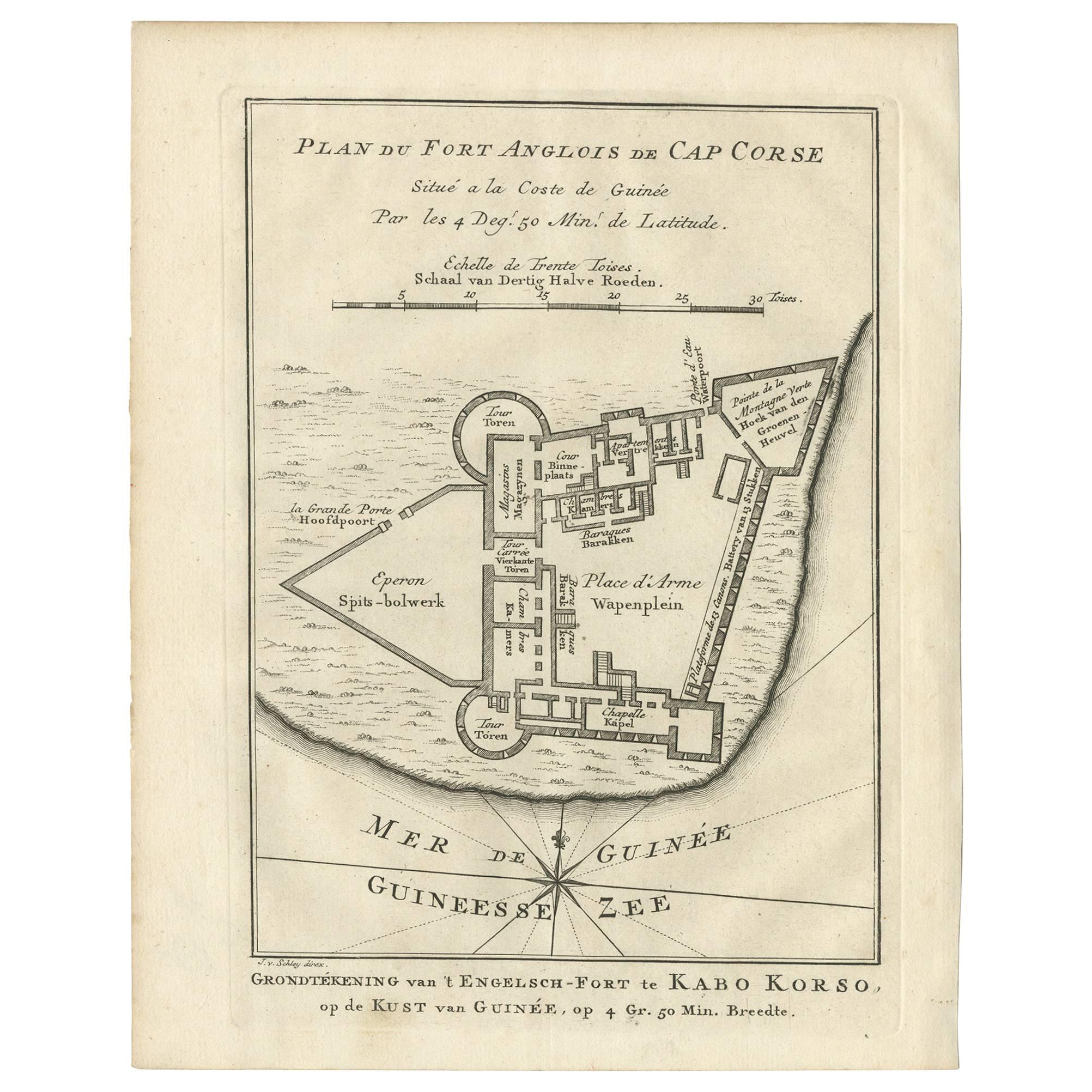 Antique Print of the English Fort of Cap Corse 'Africa' by J. van Schley, 1760 For Sale
