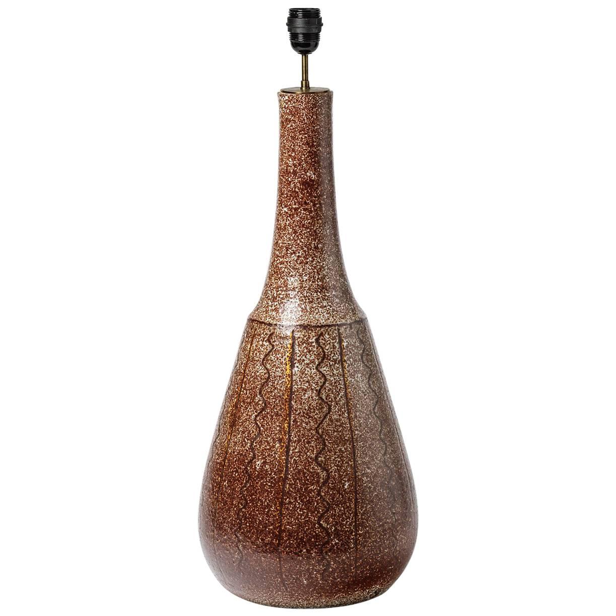 Ceramic Lamp with Brown Glaze Decoration, Signed under the Base, 1970
