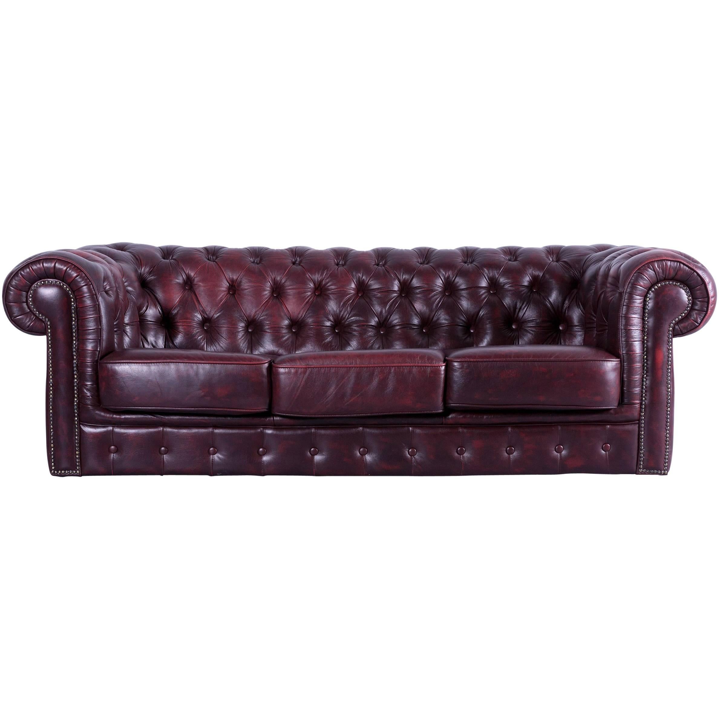 Chesterfield Three-Seat Sofa Red Leather Couch Vintage Retro Rivets