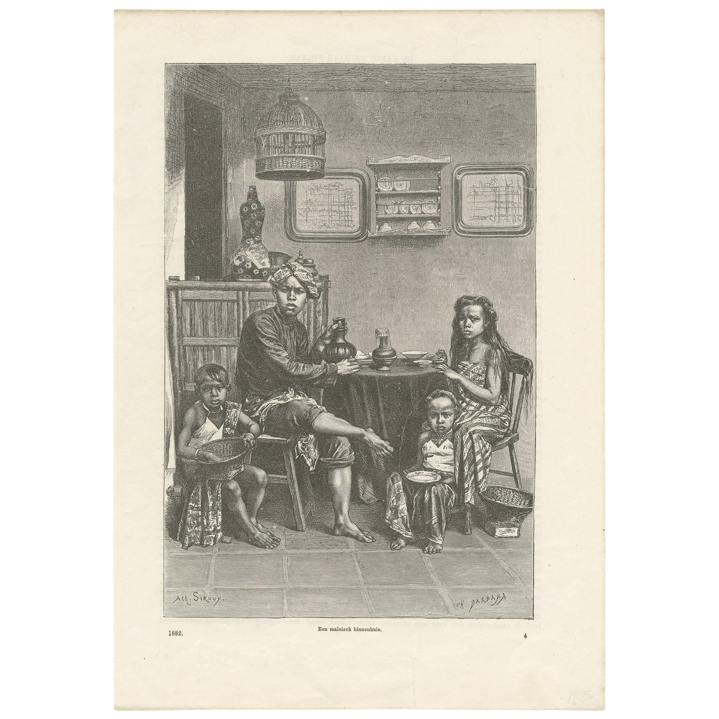 Antique Print of a Malayan Family, 1882 For Sale