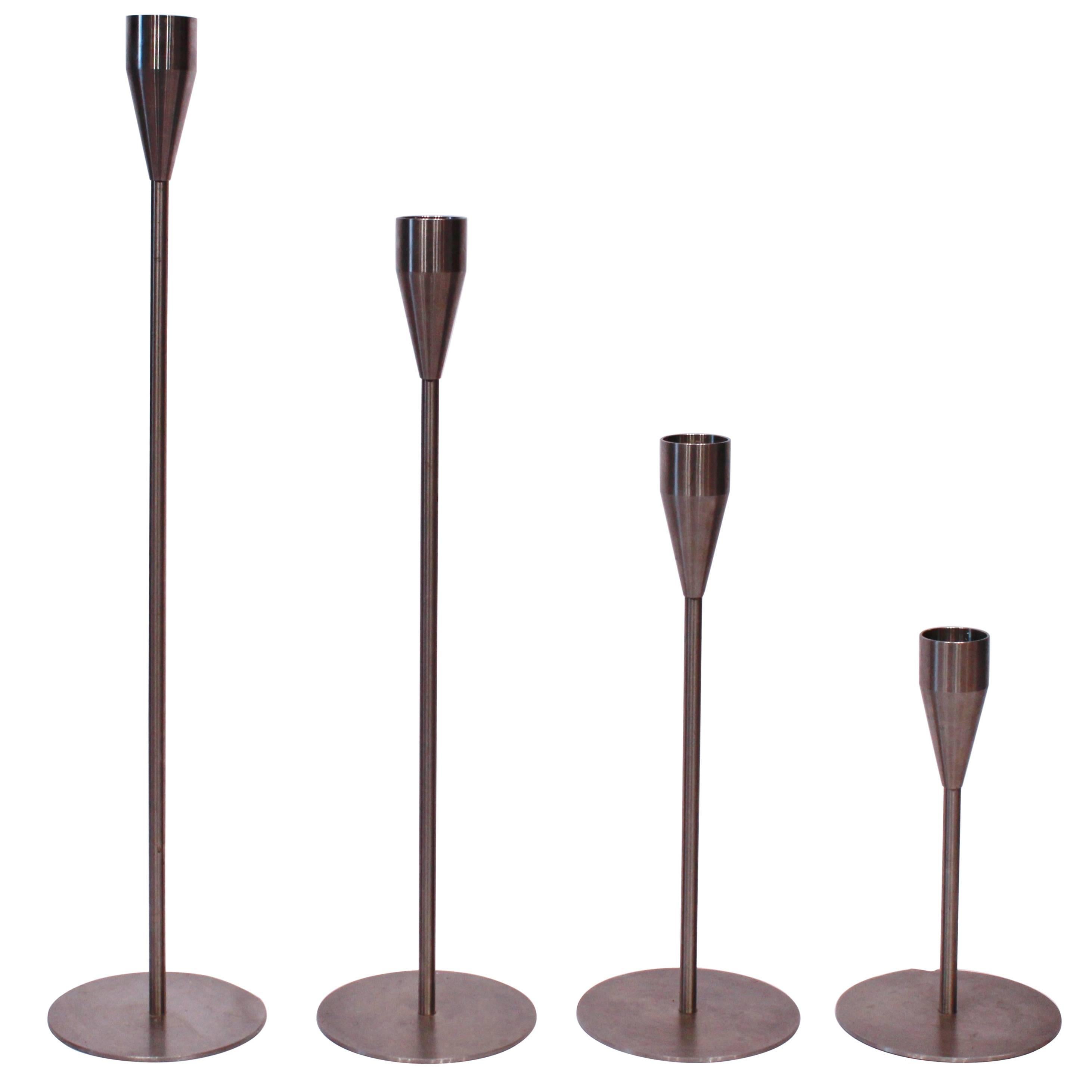 Set of Four Piet Hein Maxi Candlesticks, Saturn, Jupiter, Venus and Mars, Steel