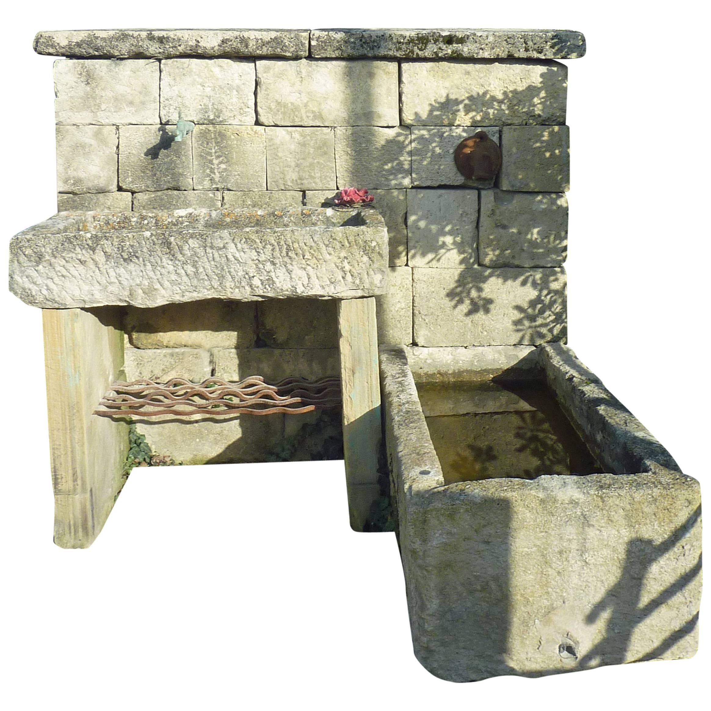 Rustic Wall Fountain with Antique Stone Trough, Bonded Wall and Sink, Provence For Sale