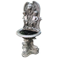 Vintage Large Cast Bronze Cherub, Lion and Dolphin Fountain