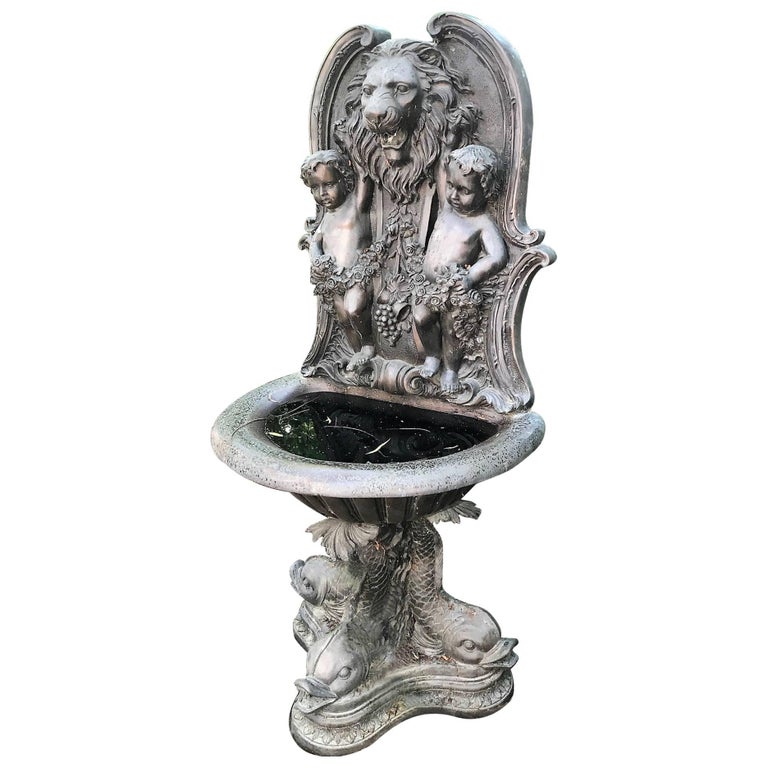 Large Cast Bronze Cherub, Lion and Dolphin Fountain For Sale at 1stDibs