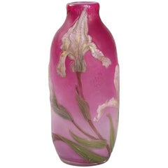 "Irises" French Art Nouveau Cameo Glass Vase by Burgun & Schverer