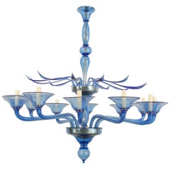 Italian Venetian Murano 1940s Style ‘Modern’ Blue Glass Chandelier