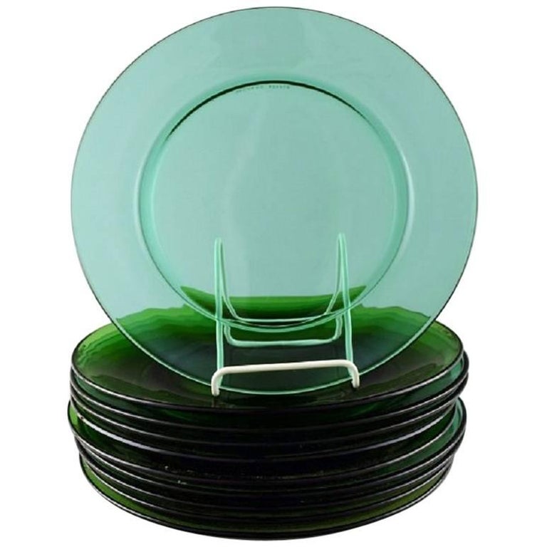 Vereco, France, Ten Plates in Green Art Glass, MidCentury Modern at
