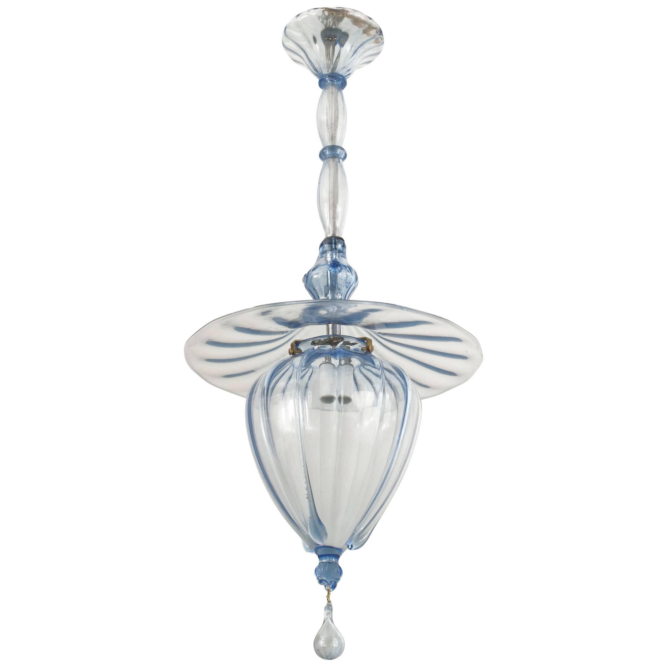 Italian 1940s Tinted Blue Glass Bulbous Form Fluted Lantern