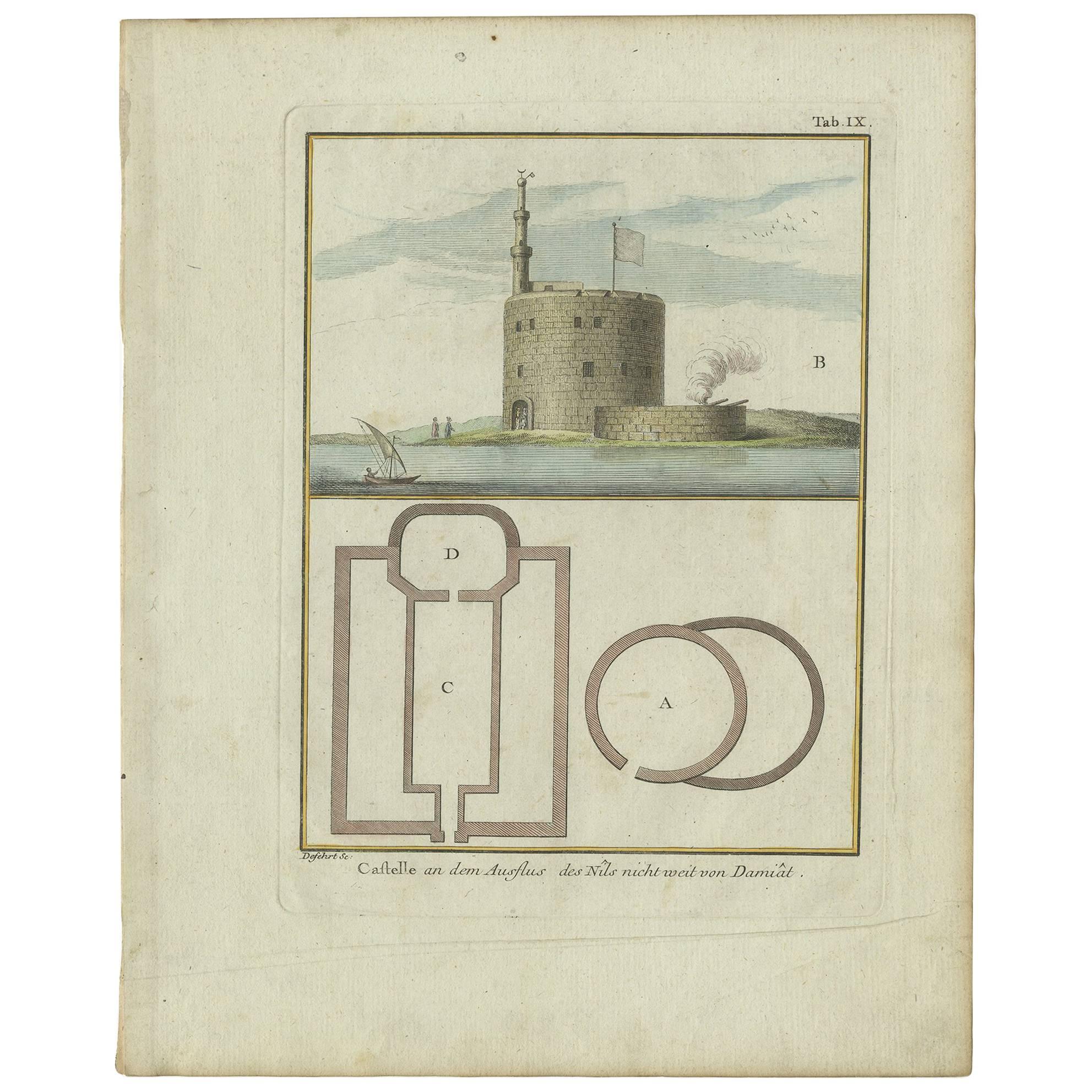 Antiker antiker Druck der Festung am Nile „Damietta, Ägypten“ von C. Niebuhr, 1774