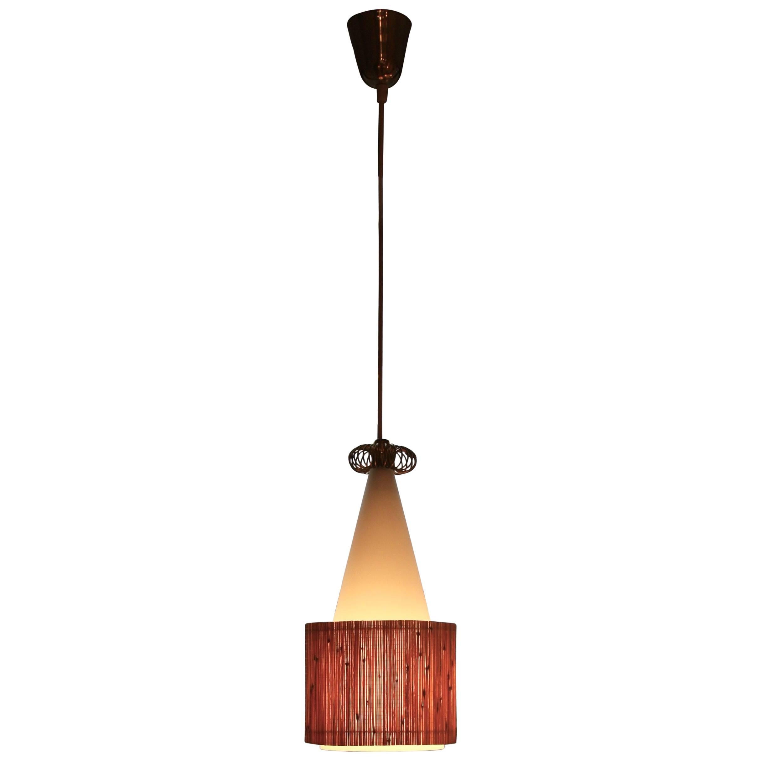 Paavo Tynell Opaline Glass, Straw & Brass Pendant Ceiling Light, Taito Oy, 1950s
