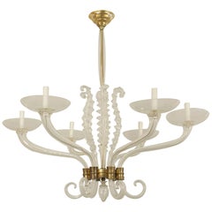 Italian 1940s Clear Glass Chandelier with Six Scroll Arms