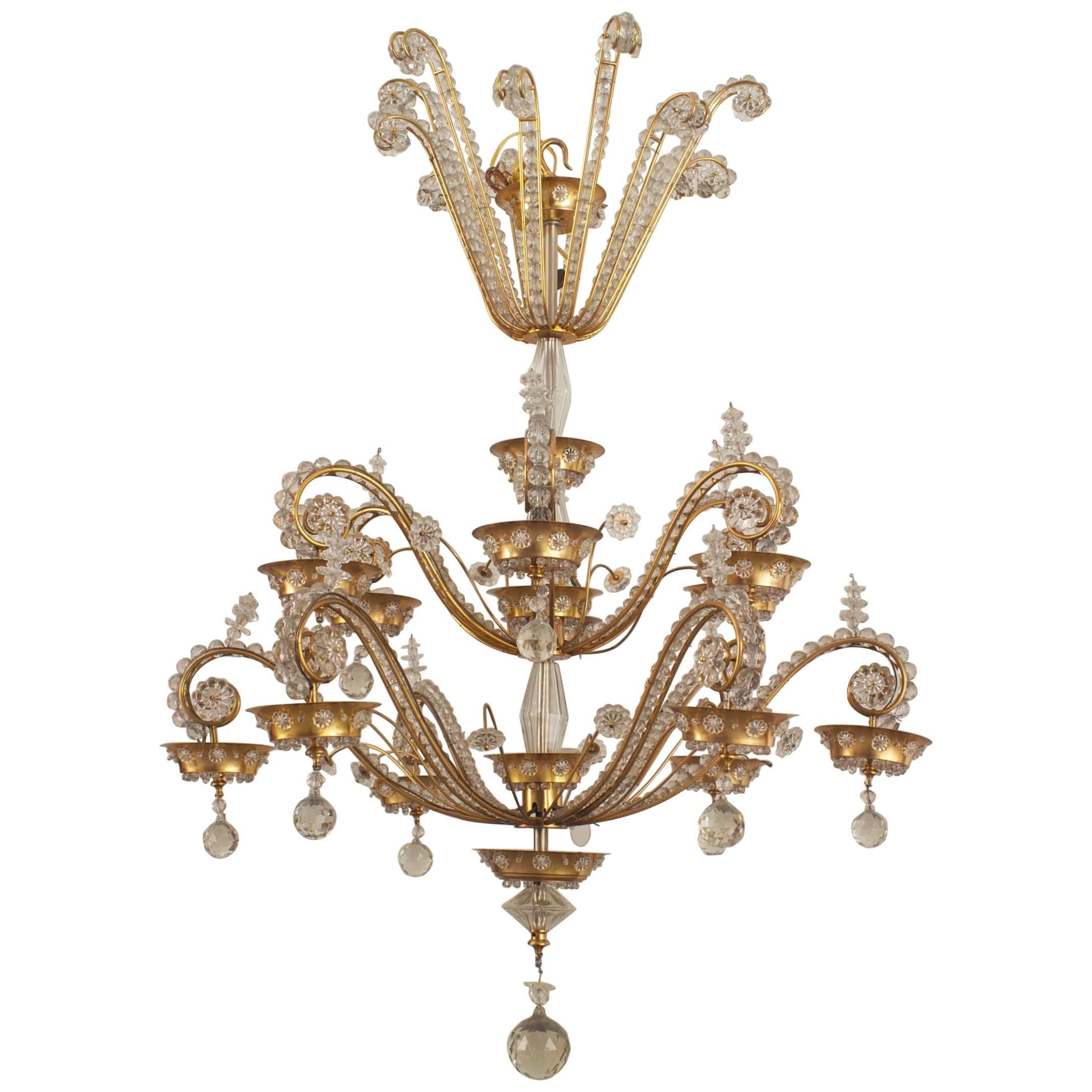 Maison Bagues French Mid-Century Brass and Crystal Chandelier For Sale