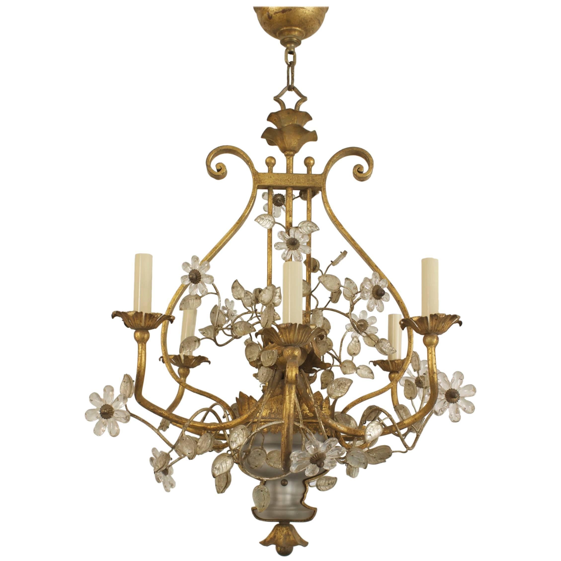 Maison Bagues French Mid-Century Gilt Iron Floral Lyre Chandelier