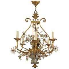 Maison Bagues French Mid-Century Gilt Iron Floral Lyre Chandelier