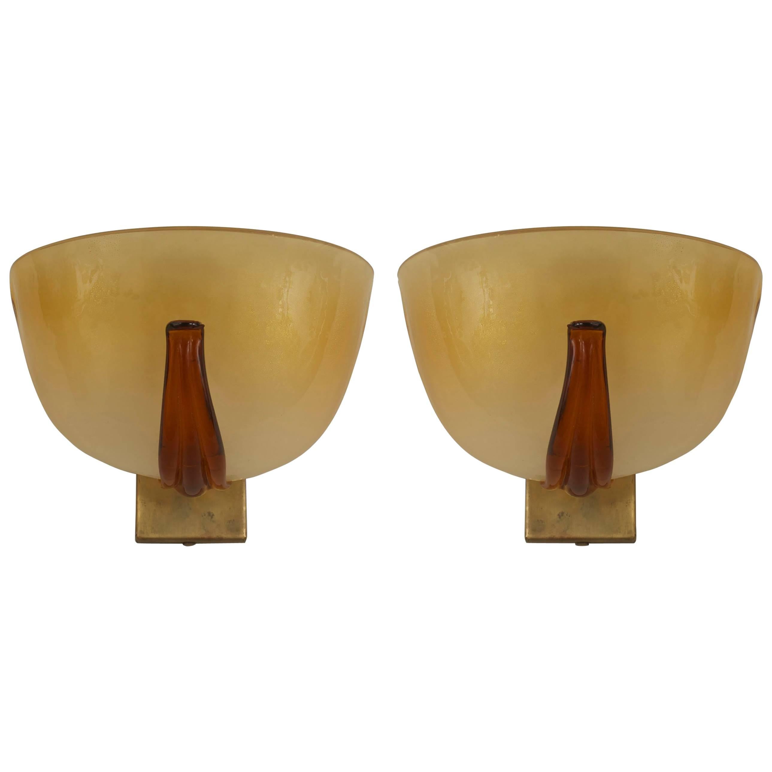Pair of Italian 1940s Venetian Murano Gold Dusted Glass Wall Sconces