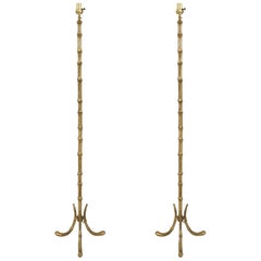 French 1940 Gilded Bronze Thick Faux Bamboo Floor Lamps