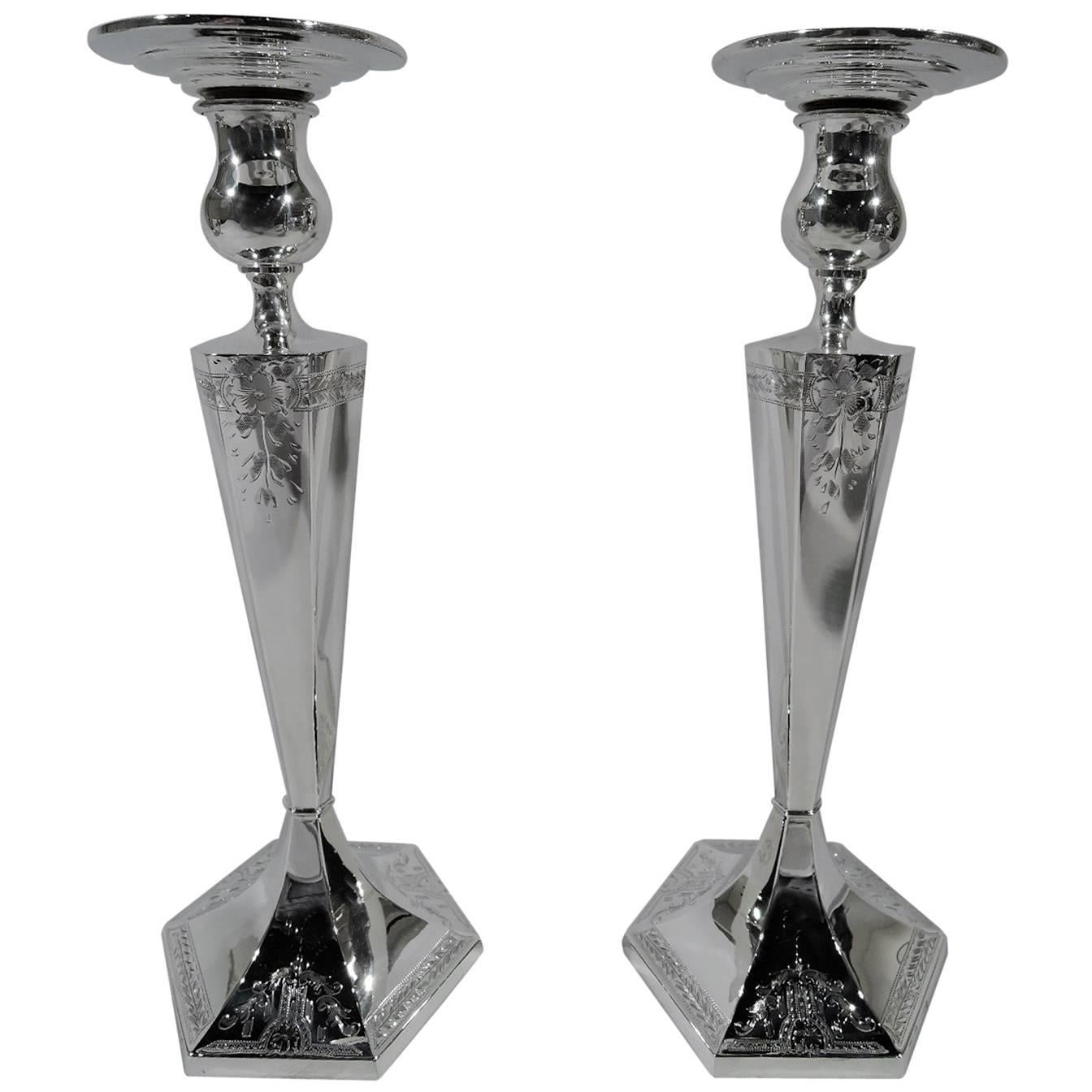 Pair of Antique American Edwardian Sterling Silver Candlesticks