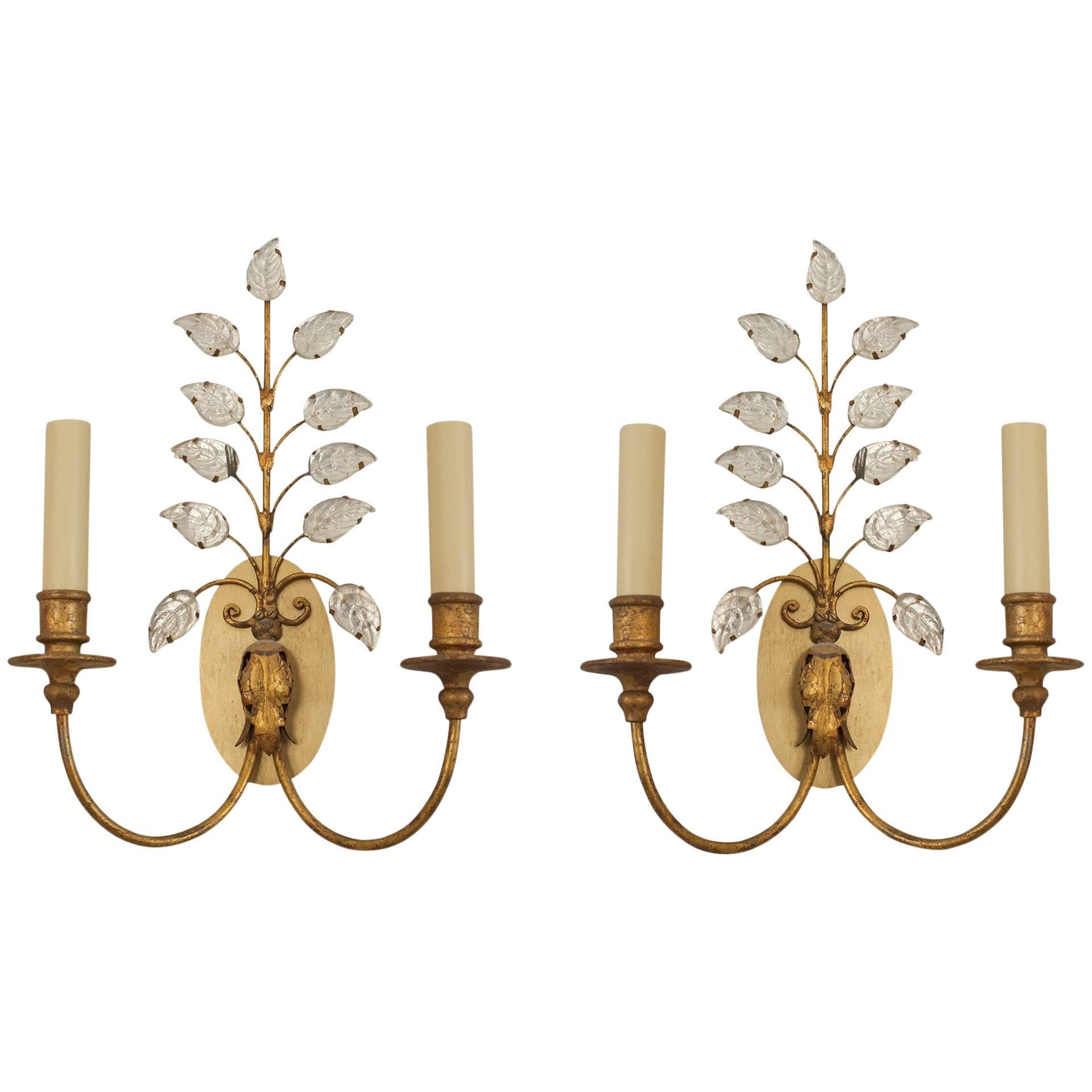 Pair of French 1940s Gilt Metal Wall Sconces, by Baguès