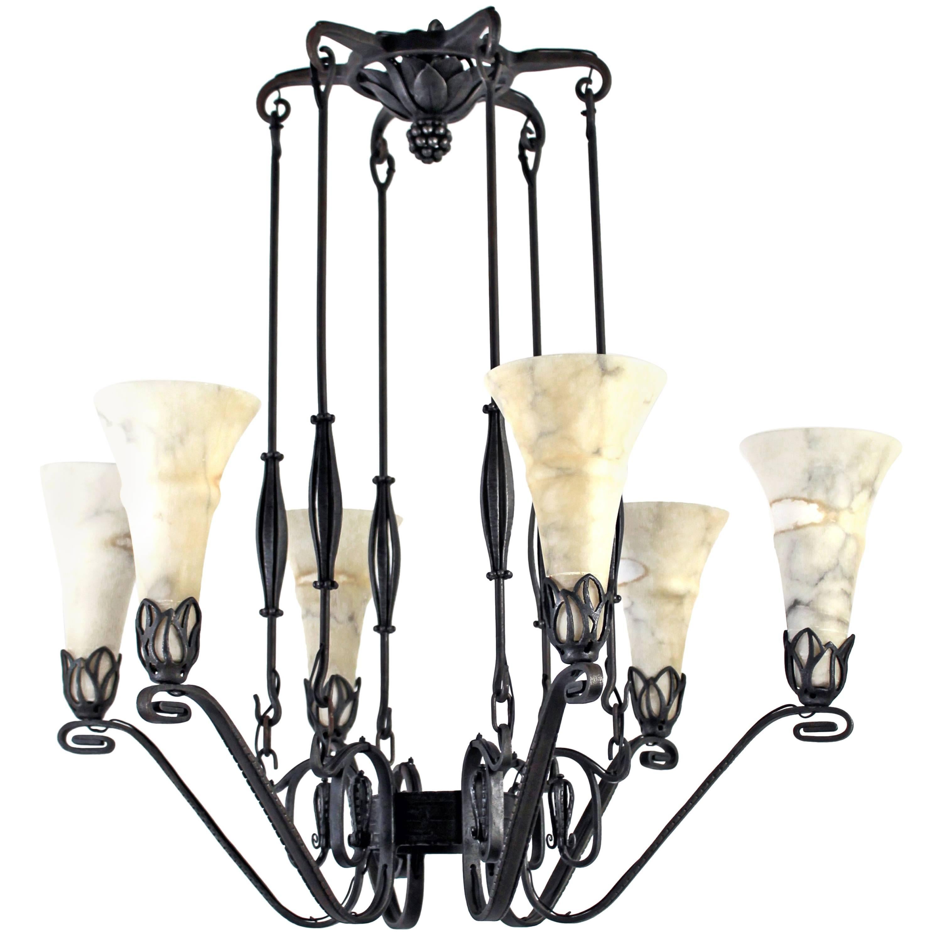 French Art Deco Wrought Iron Chandelier with Alabaster Shades by Edgar Brandt For Sale