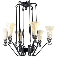 French Art Deco Wrought Iron Chandelier with Alabaster Shades by Edgar Brandt