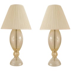 Pair of Italian Venetian 1940s Gold Dust Murano Glass Lamps