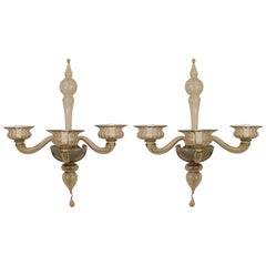 Pair of Italian 1940s Venetian Amber Glass Three Fluted Scroll Arm Wall Sconces