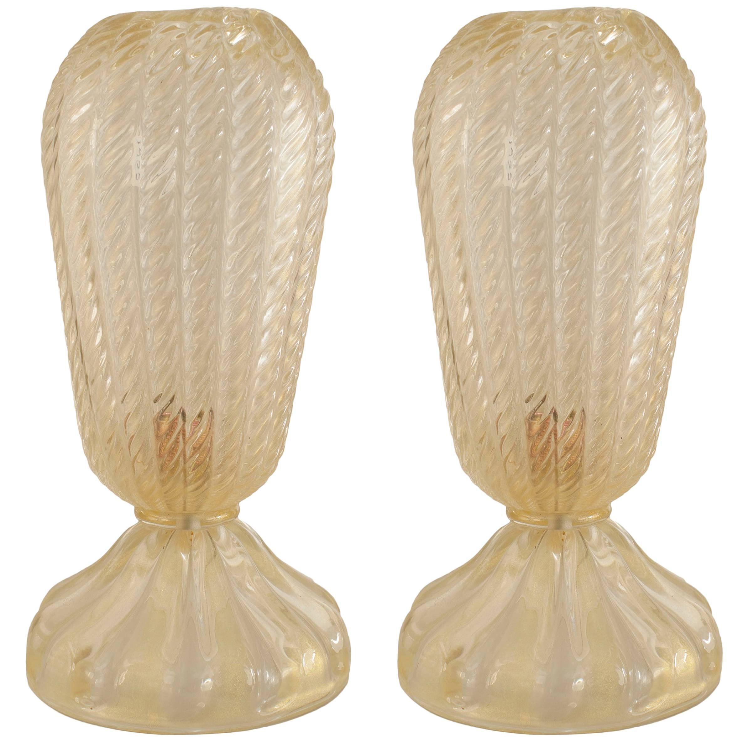 Pair of Italian Barovier et Toso Gold Dusted Glass Table Lamps